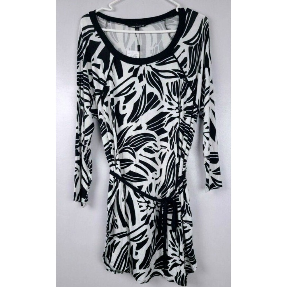 Cable & Gauge Tunic Top Womens XL Black Ivory Tropical Floral Long Sleeve Belted